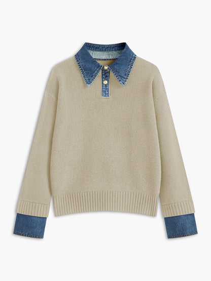 Comfortable Denim Trim Polo Sweater for Women with Collar Long Sleeve Relaxed Oversized Knit Style