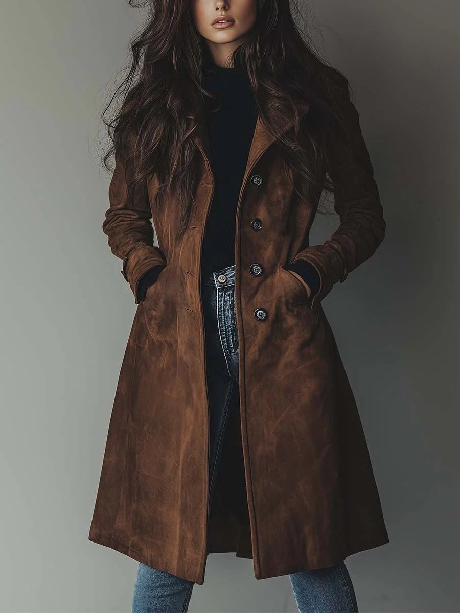 Effortless Suede Trench Coat for Women with Notch Lapel Long Sleeve Button Front Longline Style