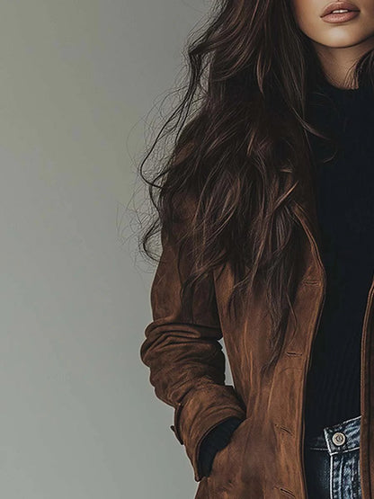 Effortless Suede Trench Coat for Women with Notch Lapel Long Sleeve Button Front Longline Style