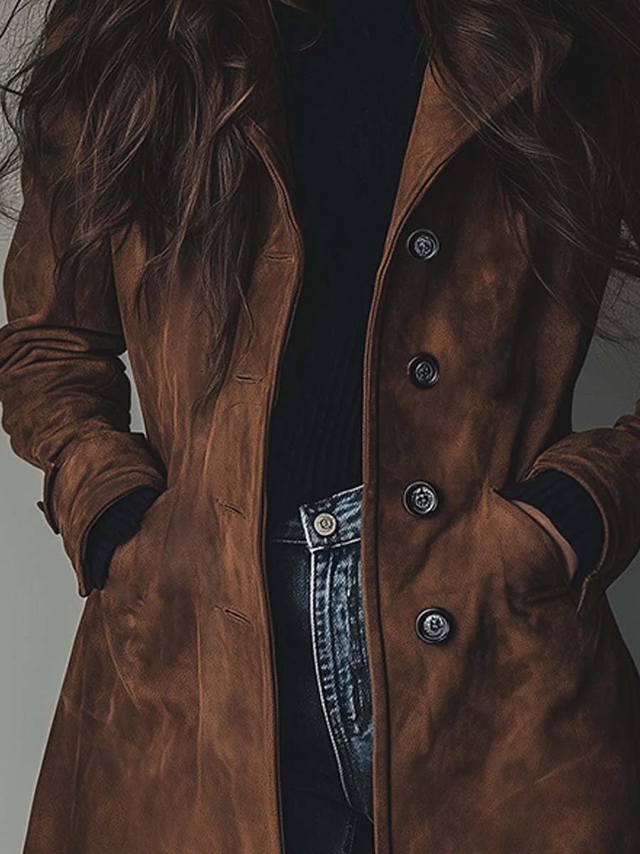 Effortless Suede Trench Coat for Women with Notch Lapel Long Sleeve Button Front Longline Style