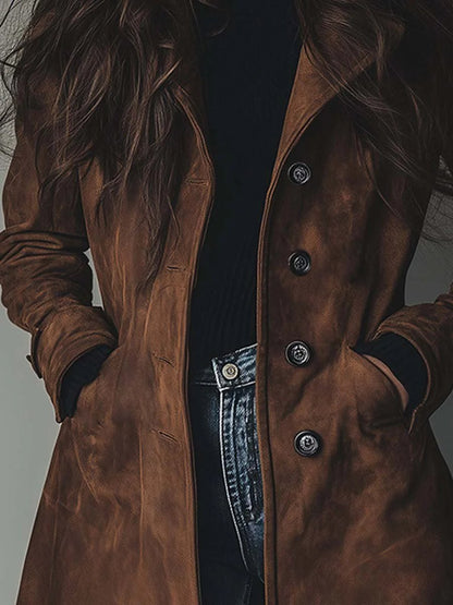 Effortless Suede Trench Coat for Women with Notch Lapel Long Sleeve Button Front Longline Style