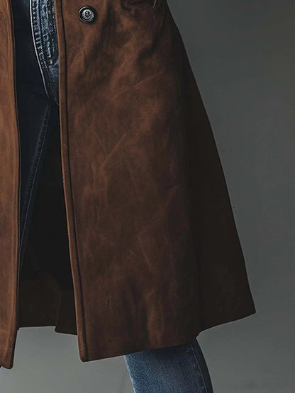 Effortless Suede Trench Coat for Women with Notch Lapel Long Sleeve Button Front Longline Style
