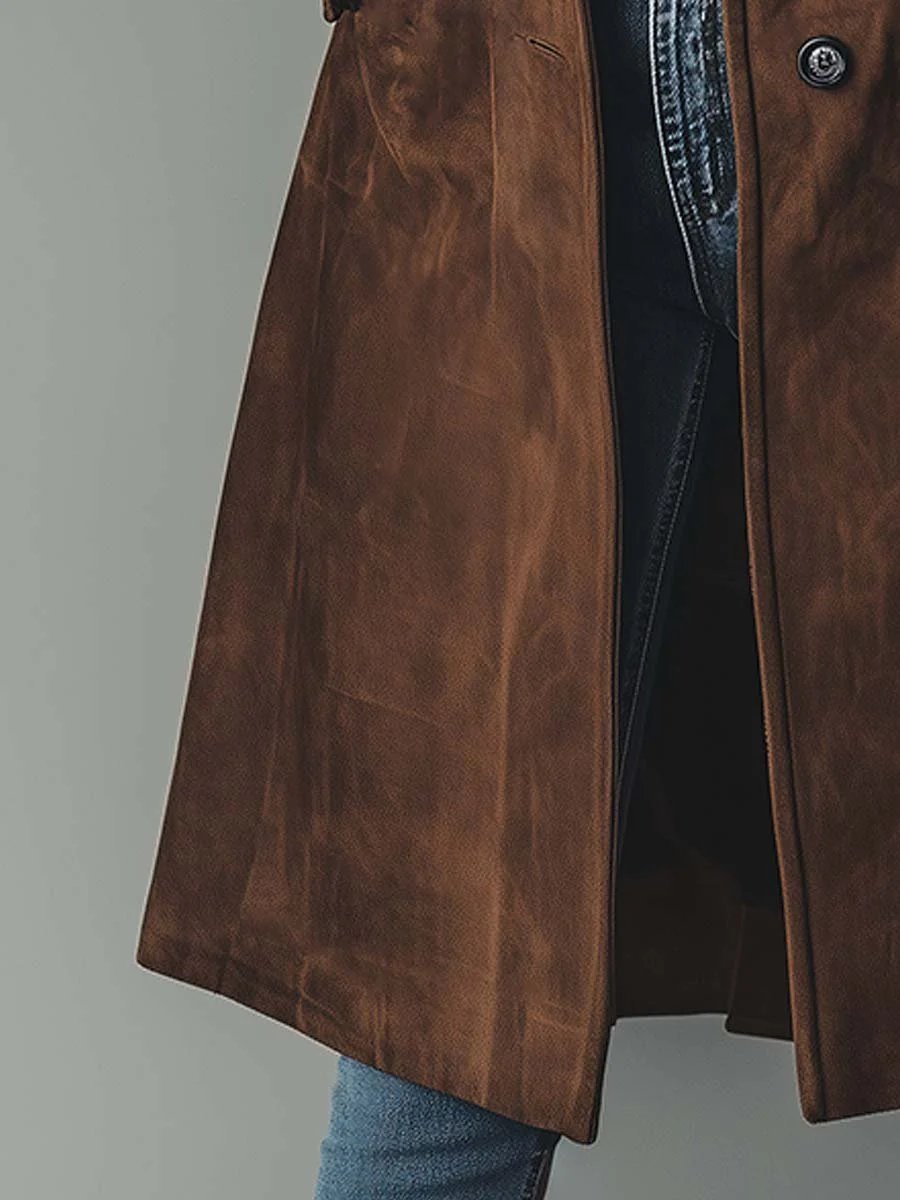 Effortless Suede Trench Coat for Women with Notch Lapel Long Sleeve Button Front Longline Style