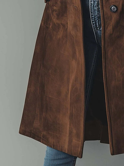 Effortless Suede Trench Coat for Women with Notch Lapel Long Sleeve Button Front Longline Style