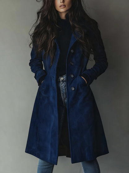 Effortless Suede Trench Coat for Women with Notch Lapel Long Sleeve Button Front Longline Style