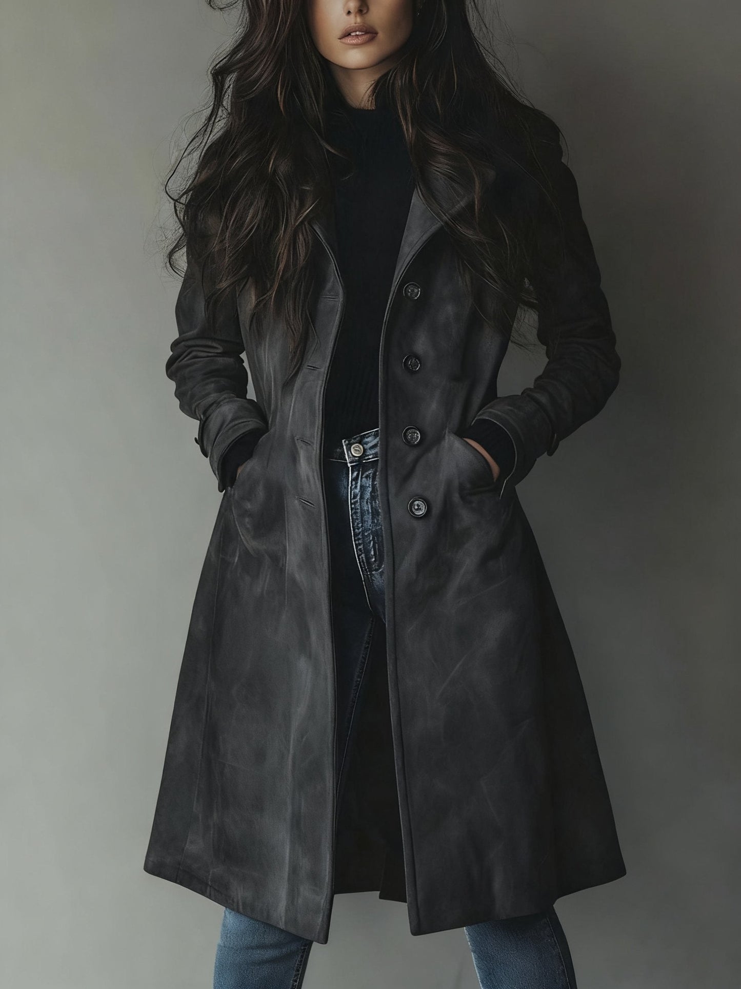 Effortless Suede Trench Coat for Women with Notch Lapel Long Sleeve Button Front Longline Style