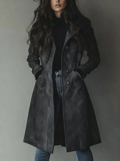 Effortless Suede Trench Coat for Women with Notch Lapel Long Sleeve Button Front Longline Style