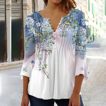 Effortless Floral Blouse for Women with Split Neck Bell Sleeve Pleated Tunic Style