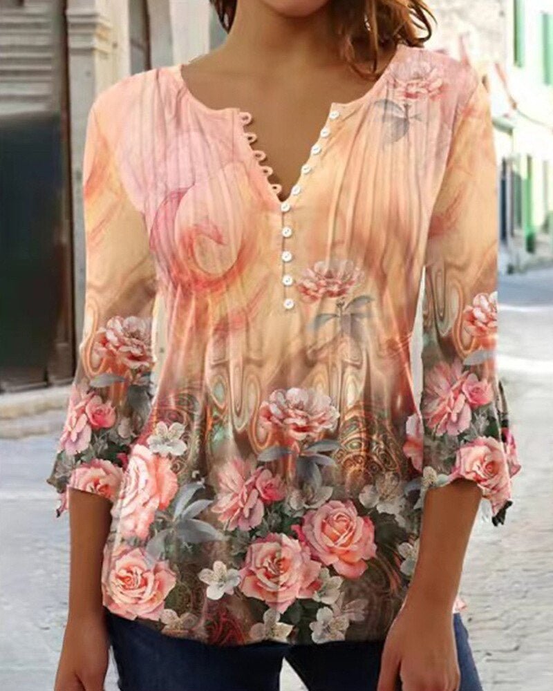 Effortless Floral Blouse for Women with Split Neck Bell Sleeve Pleated Tunic Style