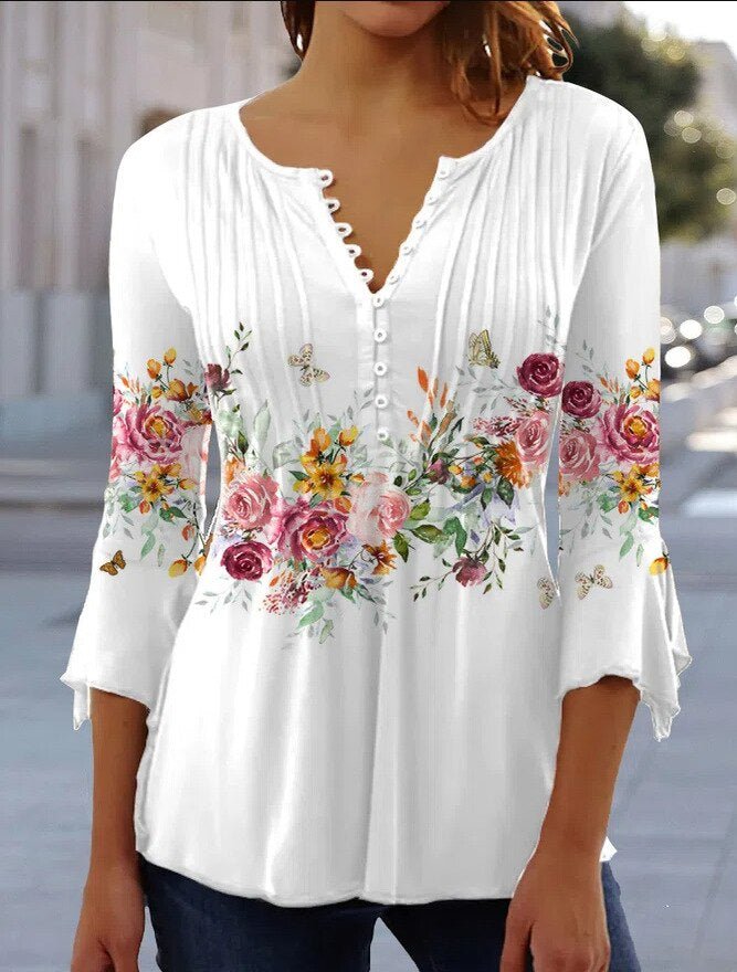Effortless Floral Blouse for Women with Split Neck Bell Sleeve Pleated Tunic Style