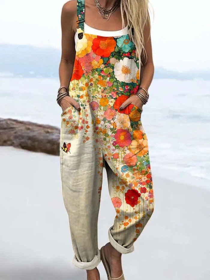 Effortless Multicolour Floral Overall for Women with Square Neck Sleeveless Relaxed Tapered Bohemian Style