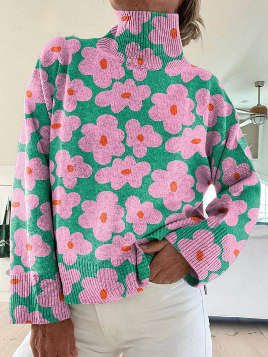 Comfortable Multicolor Floral Sweater for Women with High Neck Long Sleeve Relaxed Oversized Knit Style