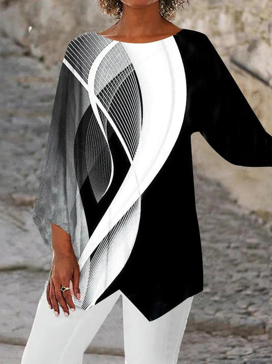 Effortless Black and White Geometric Print Tunic Top for Women with Round Neck Batwing Sleeve Asymmetric Hem Relaxed Style