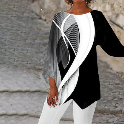 Effortless Black and White Geometric Print Tunic Top for Women with Round Neck Batwing Sleeve Asymmetric Hem Relaxed Style