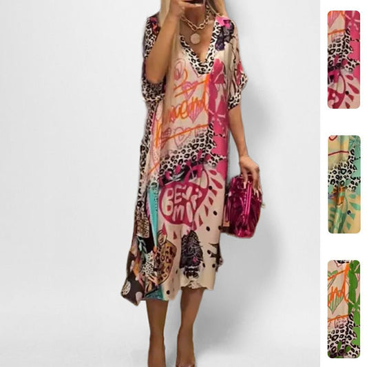 Effortless Graphic Print Kaftan Midi Dress for Women with V Neck Batwing Sleeve Flowing Bohemian Style