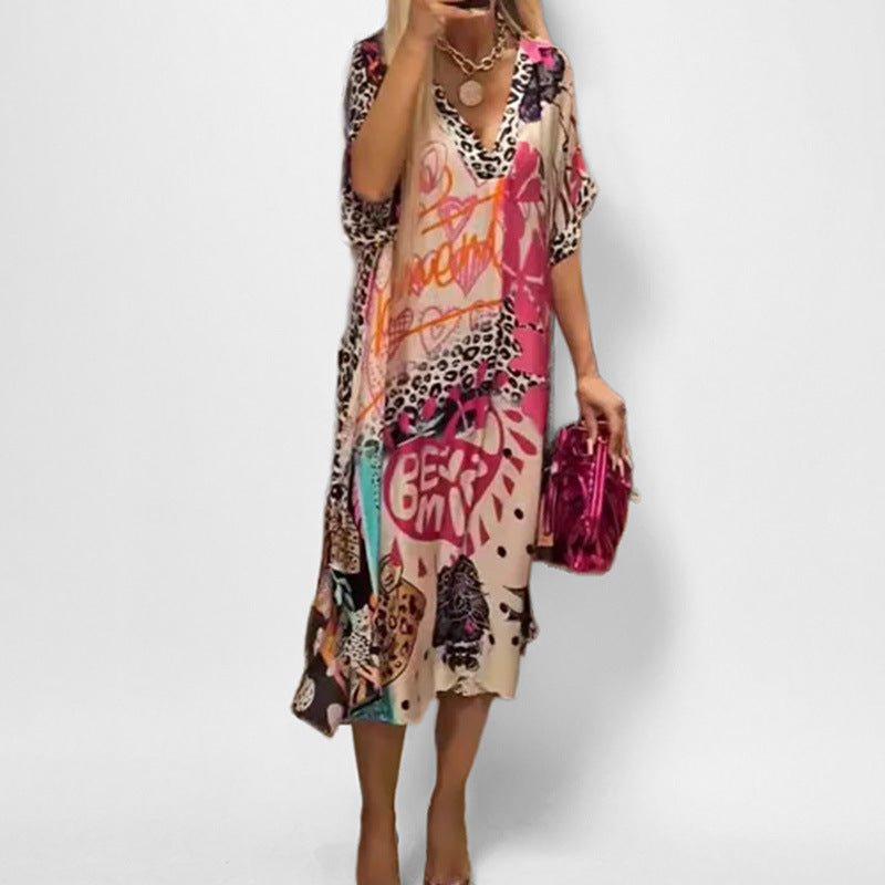 Effortless Graphic Print Kaftan Midi Dress for Women with V Neck Batwing Sleeve Flowing Bohemian Style