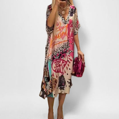 Effortless Graphic Print Kaftan Midi Dress for Women with V Neck Batwing Sleeve Flowing Bohemian Style