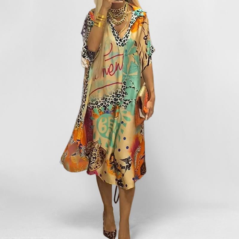 Effortless Graphic Print Kaftan Midi Dress for Women with V Neck Batwing Sleeve Flowing Bohemian Style