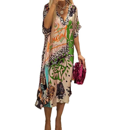 Effortless Graphic Print Kaftan Midi Dress for Women with V Neck Batwing Sleeve Flowing Bohemian Style