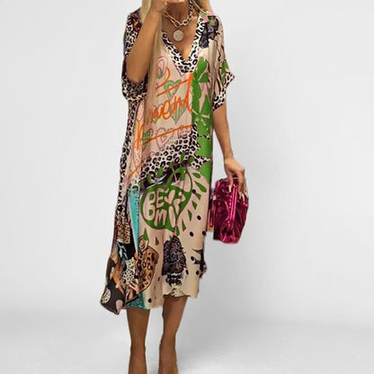 Effortless Graphic Print Kaftan Midi Dress for Women with V Neck Batwing Sleeve Flowing Bohemian Style