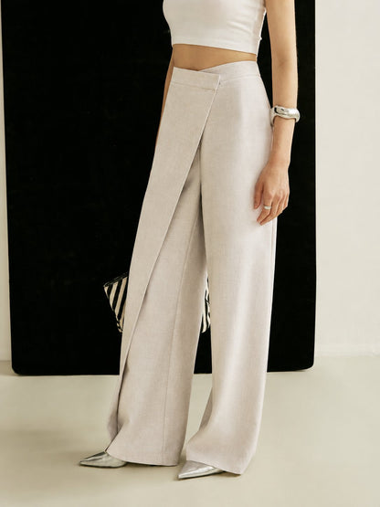 Elegant Wrap Front Wide Leg Pants for Women with High Waist Flared Leg Tailored Style