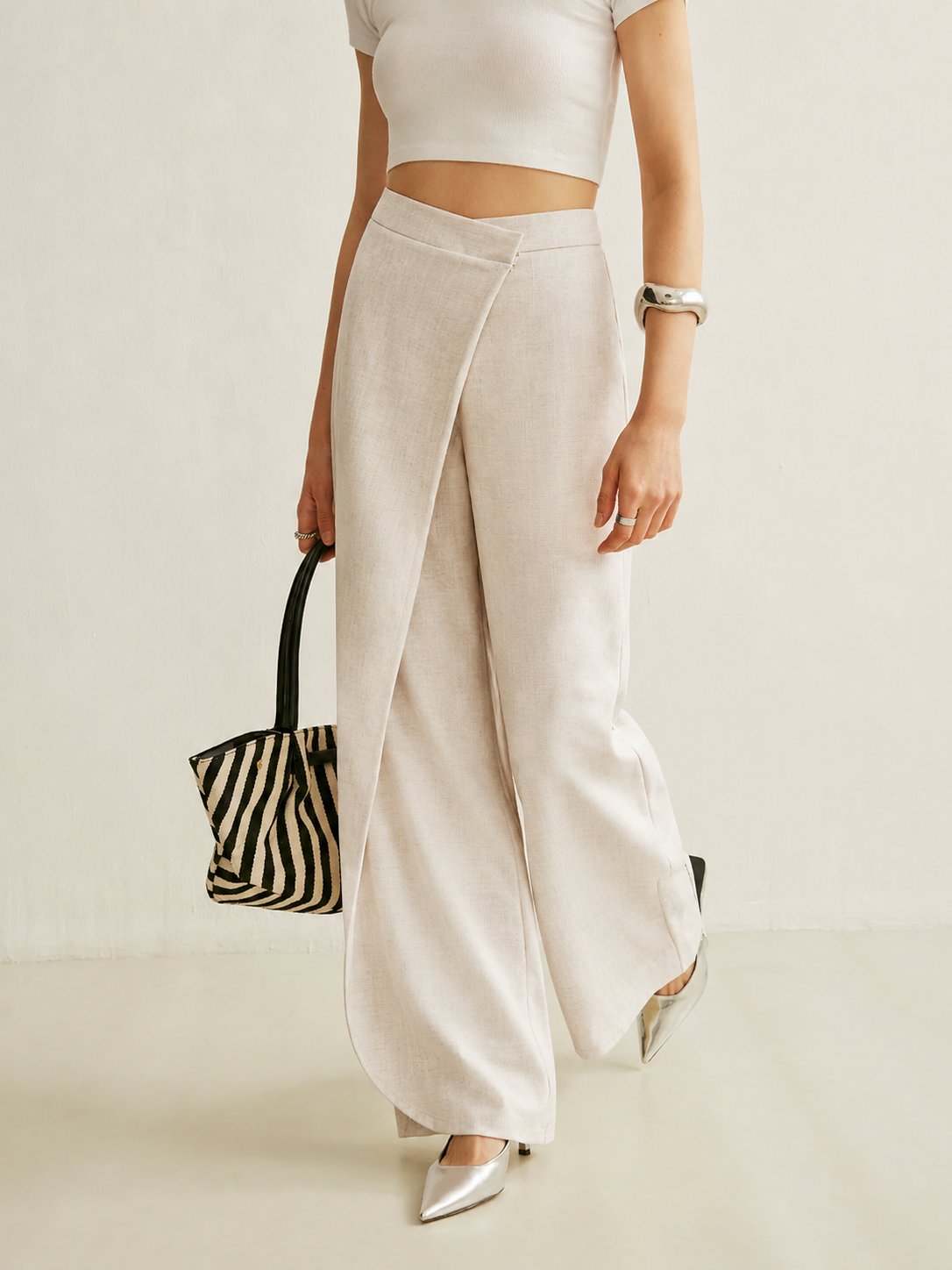Elegant Wrap Front Wide Leg Pants for Women with High Waist Flared Leg Tailored Style