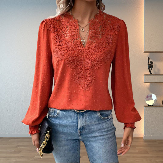 Elegant Crochet Lace Blouse for Women with V Neck Long Sleeve Swiss Dot Boho Style