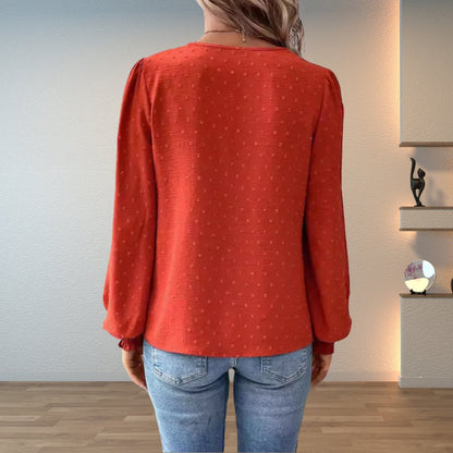 Elegant Crochet Lace Blouse for Women with V Neck Long Sleeve Swiss Dot Boho Style