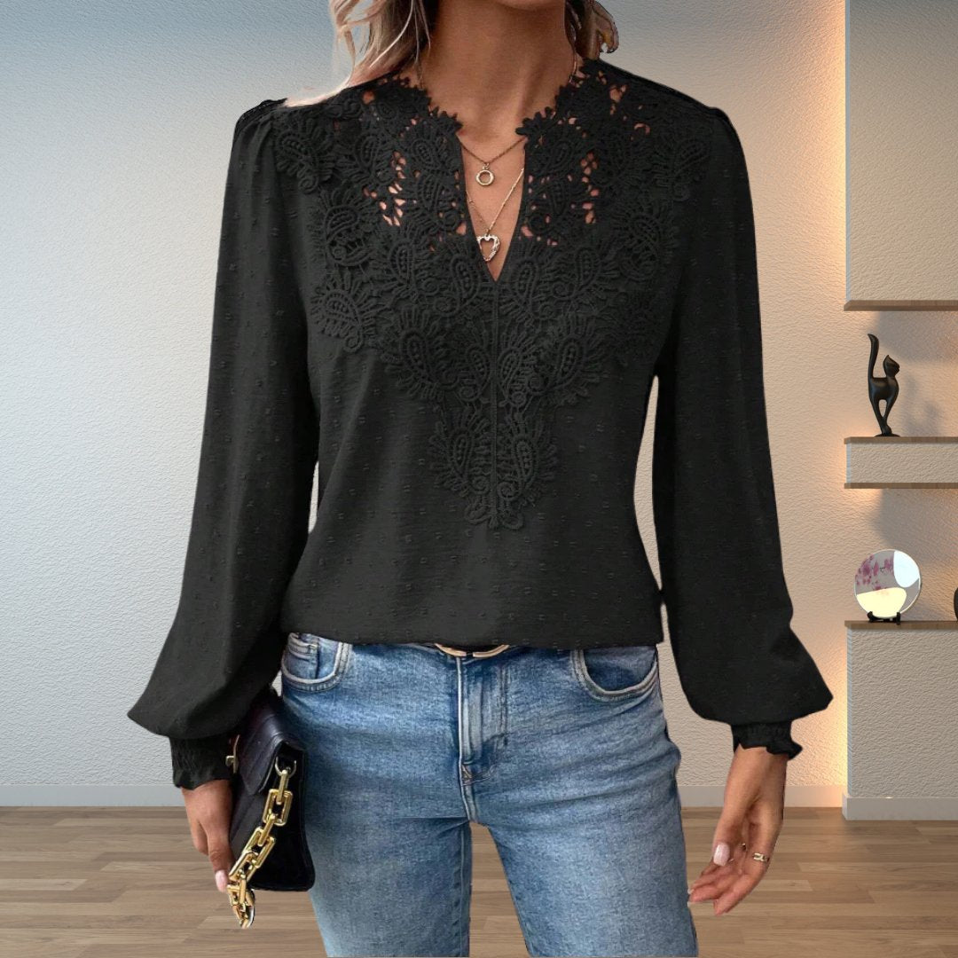 Elegant Crochet Lace Blouse for Women with V Neck Long Sleeve Swiss Dot Boho Style