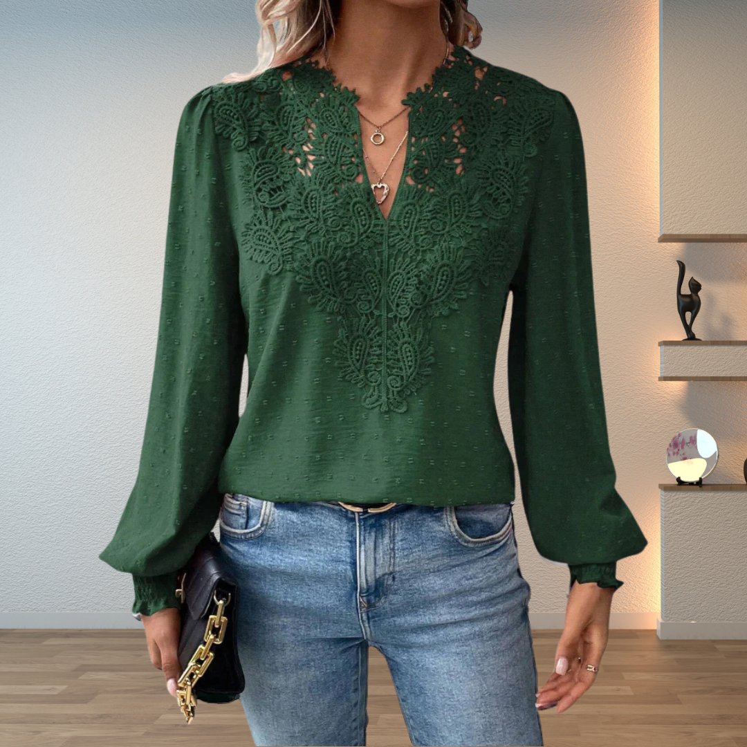 Elegant Crochet Lace Blouse for Women with V Neck Long Sleeve Swiss Dot Boho Style