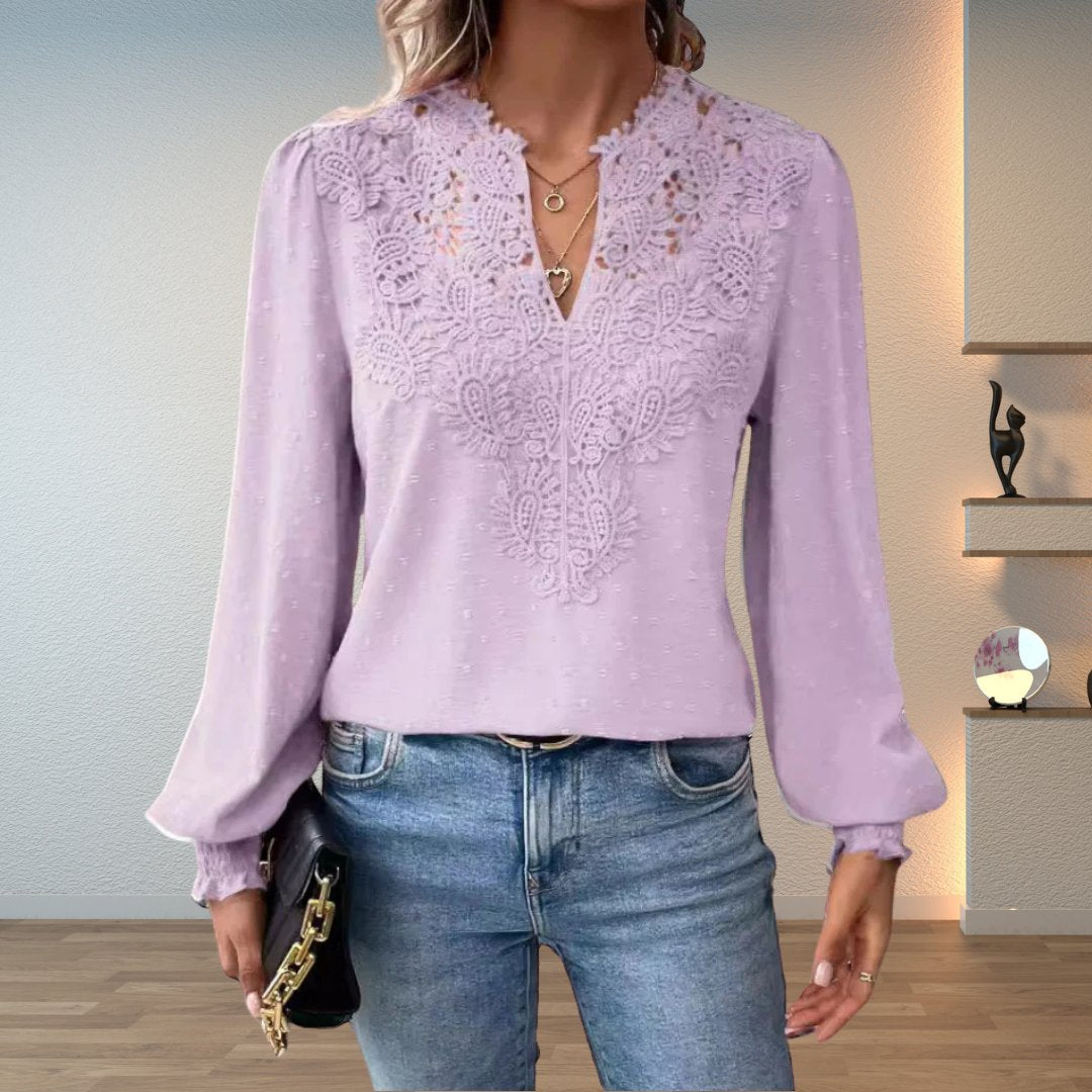 Elegant Crochet Lace Blouse for Women with V Neck Long Sleeve Swiss Dot Boho Style