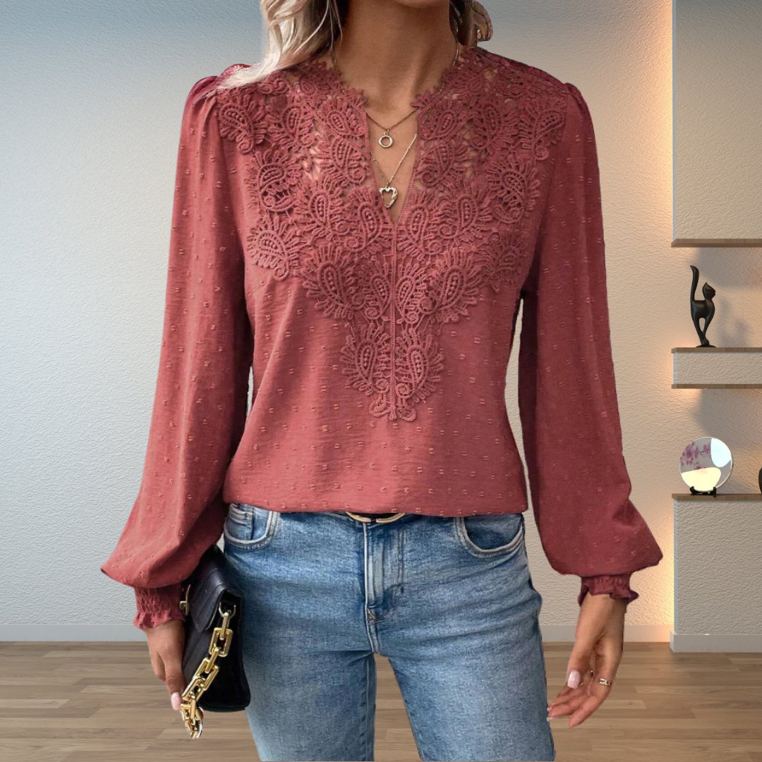 Elegant Crochet Lace Blouse for Women with V Neck Long Sleeve Swiss Dot Boho Style