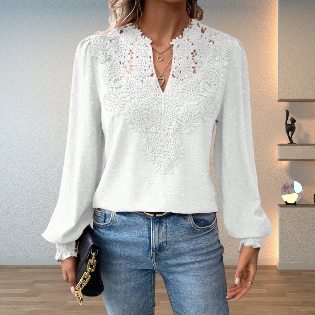 Elegant Crochet Lace Blouse for Women with V Neck Long Sleeve Swiss Dot Boho Style