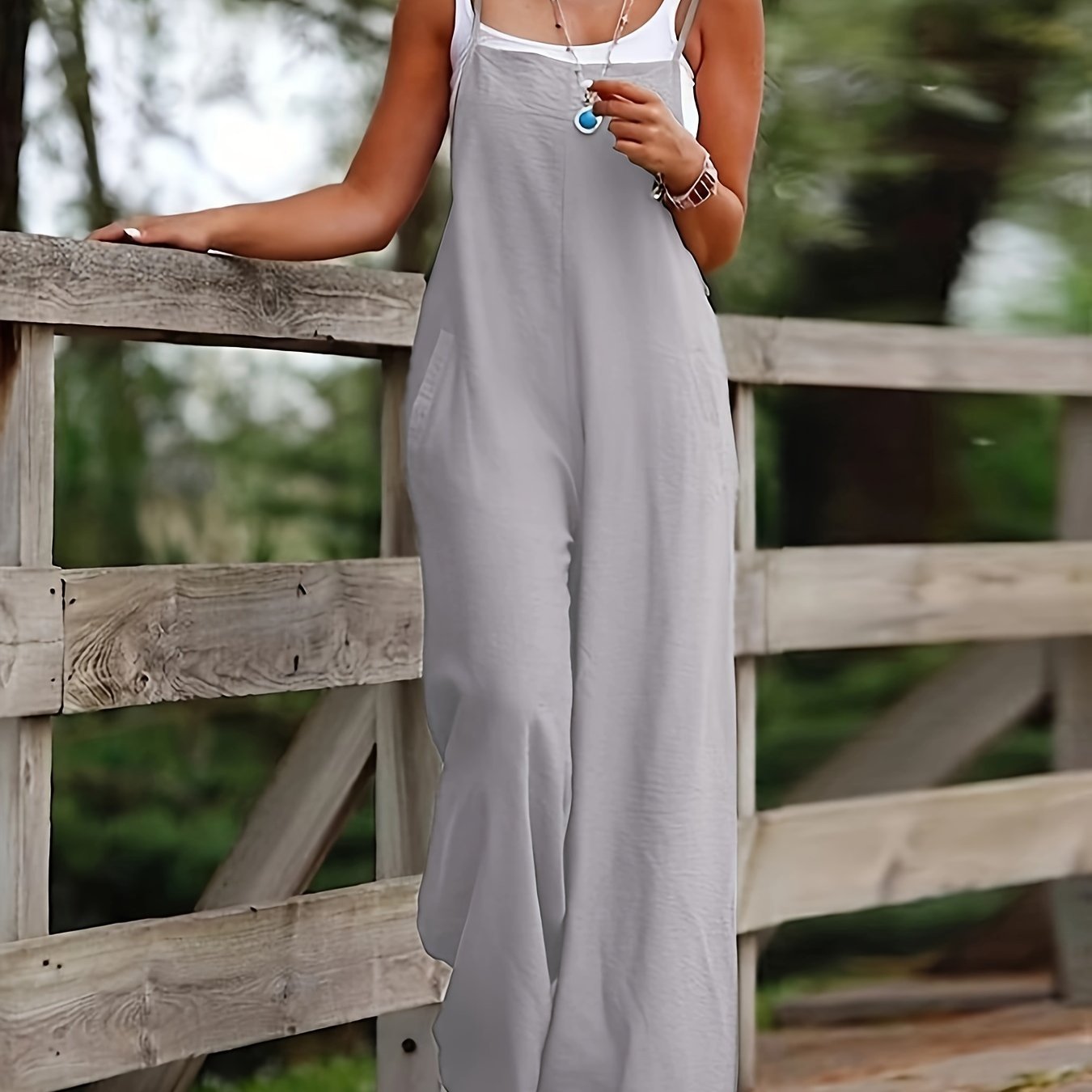 Effortless Linen Wide Leg Jumpsuit for Women with Square Neck Sleeveless Pocket Relaxed Style