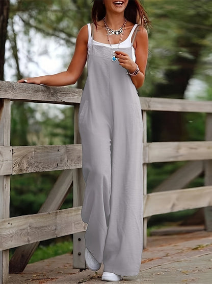 Effortless Linen Wide Leg Jumpsuit for Women with Square Neck Sleeveless Pocket Relaxed Style
