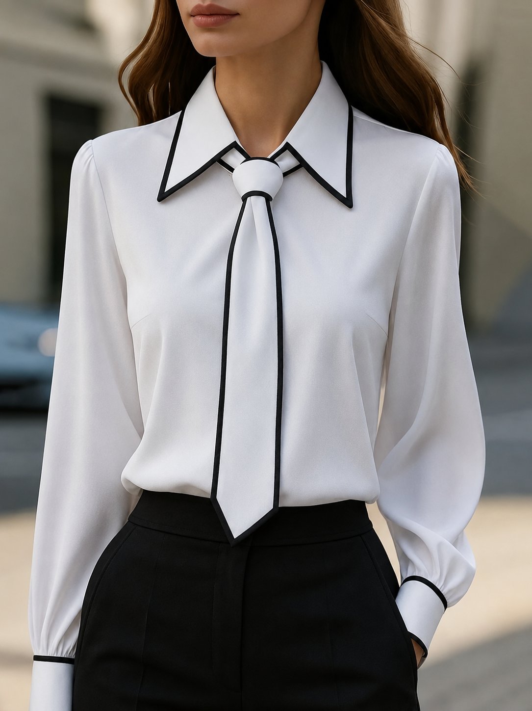 Elegant Tie Neck Blouse for Women with Point Collar Long Sleeve Contrast Trim Silky Style