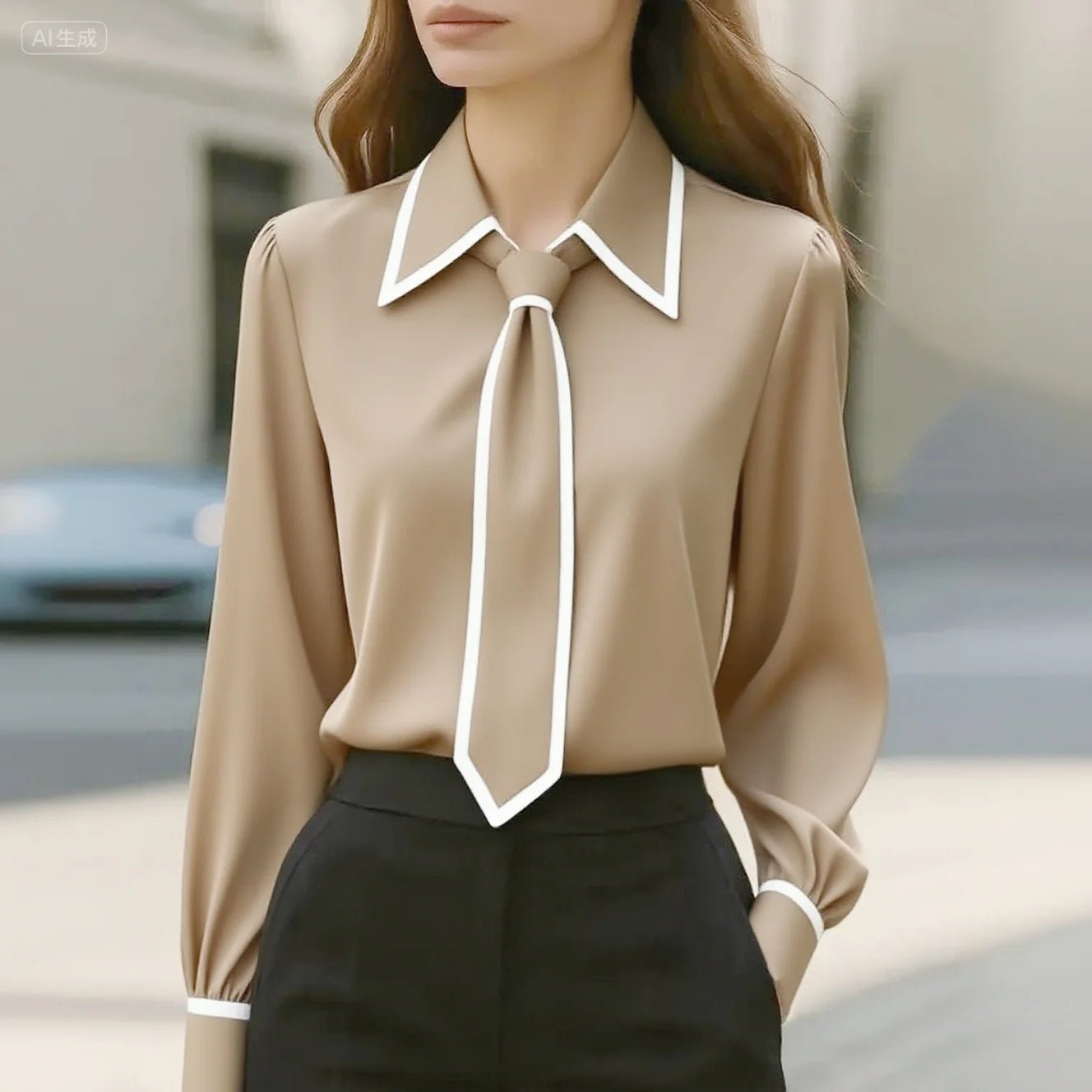 Elegant Tie Neck Blouse for Women with Point Collar Long Sleeve Contrast Trim Silky Style