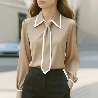 Elegant Tie Neck Blouse for Women with Point Collar Long Sleeve Contrast Trim Silky Style