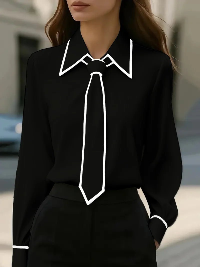 Elegant Tie Neck Blouse for Women with Point Collar Long Sleeve Contrast Trim Silky Style