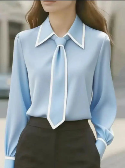 Elegant Tie Neck Blouse for Women with Point Collar Long Sleeve Contrast Trim Silky Style