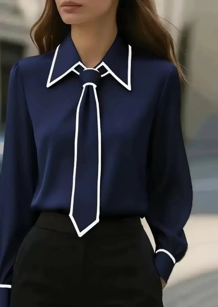 Elegant Tie Neck Blouse for Women with Point Collar Long Sleeve Contrast Trim Silky Style