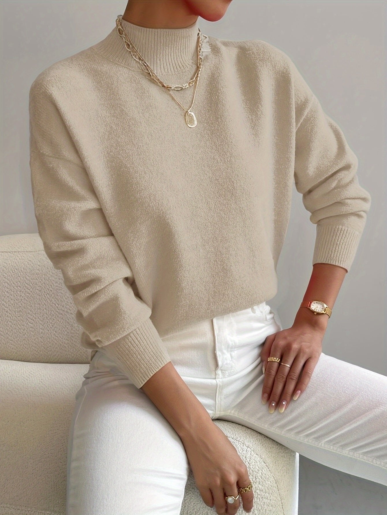 Comfortable Knit Sweater for Women with Mock Neck Long Sleeve Relaxed Oversized Style