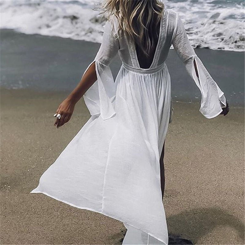 Elegant White Maxi Dress for Women with V Neck Bell Sleeve Open Back Flowing Bohemian Style