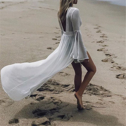 Elegant White Maxi Dress for Women with V Neck Bell Sleeve Open Back Flowing Bohemian Style