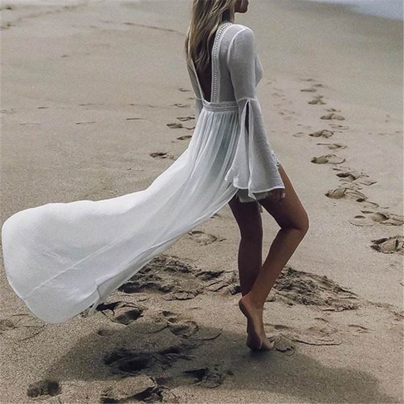 Elegant White Maxi Dress for Women with V Neck Bell Sleeve Open Back Flowing Bohemian Style