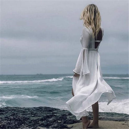 Elegant White Maxi Dress for Women with V Neck Bell Sleeve Open Back Flowing Bohemian Style