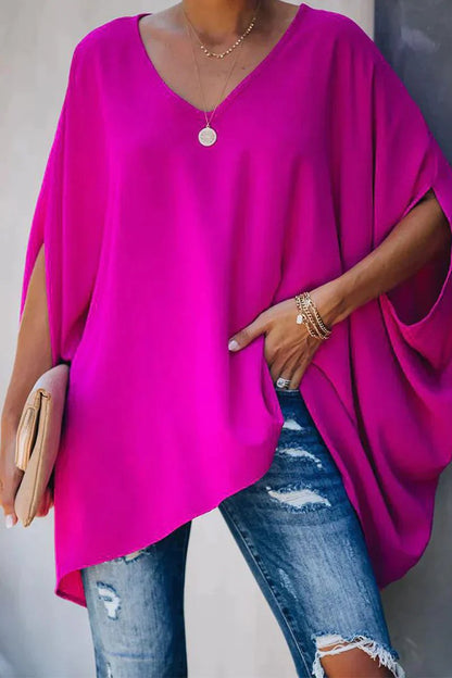 Effortless Poncho Tunic for Women with V Neck Batwing Sleeve High Low Hem Flowing Style