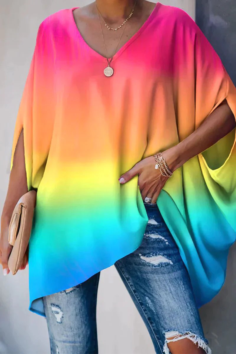 Effortless Poncho Tunic for Women with V Neck Batwing Sleeve High Low Hem Flowing Style
