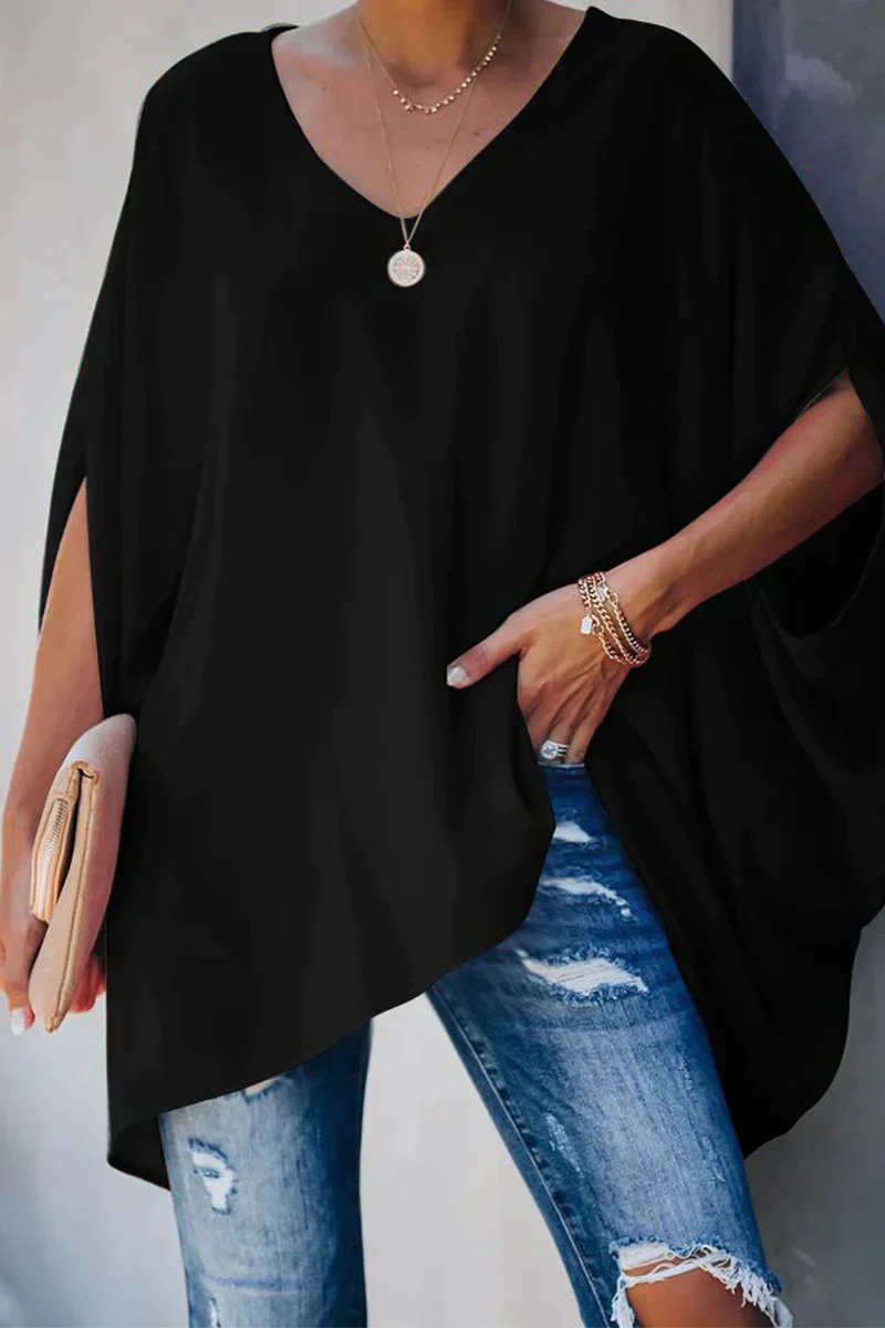 Effortless Poncho Tunic for Women with V Neck Batwing Sleeve High Low Hem Flowing Style