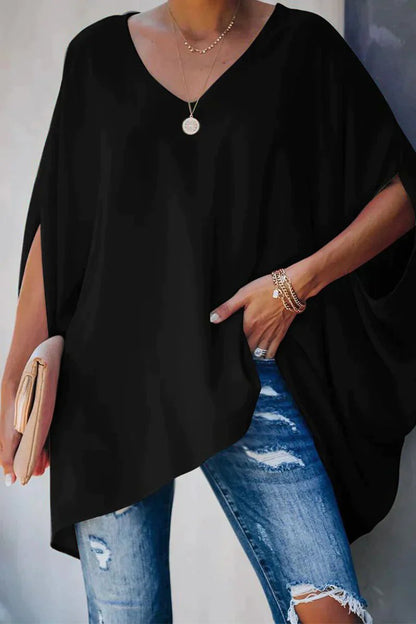 Effortless Poncho Tunic for Women with V Neck Batwing Sleeve High Low Hem Flowing Style